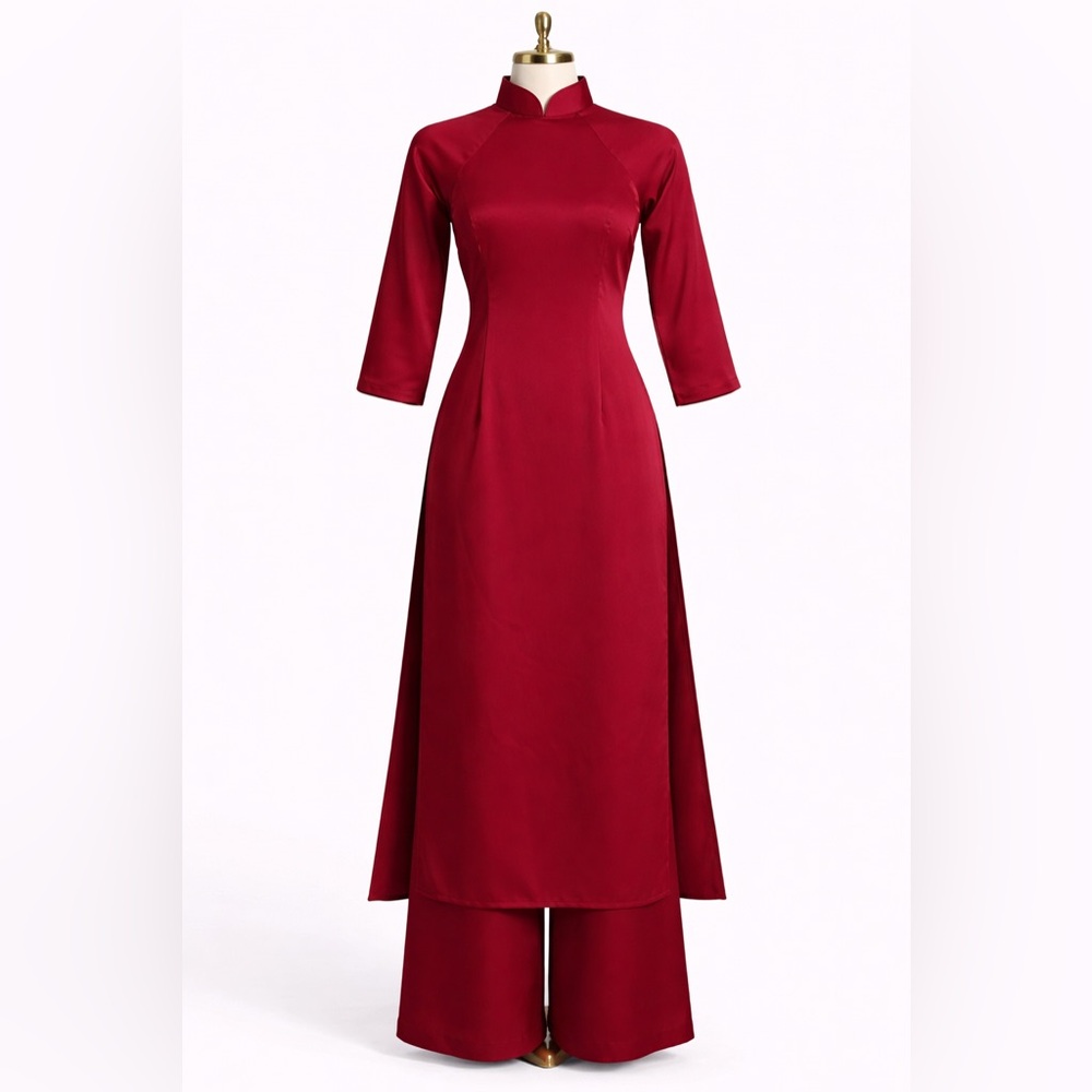 Burgundy Red Handmade Áo Dài Set (Dress and Pants) Size XL (Runs Small)